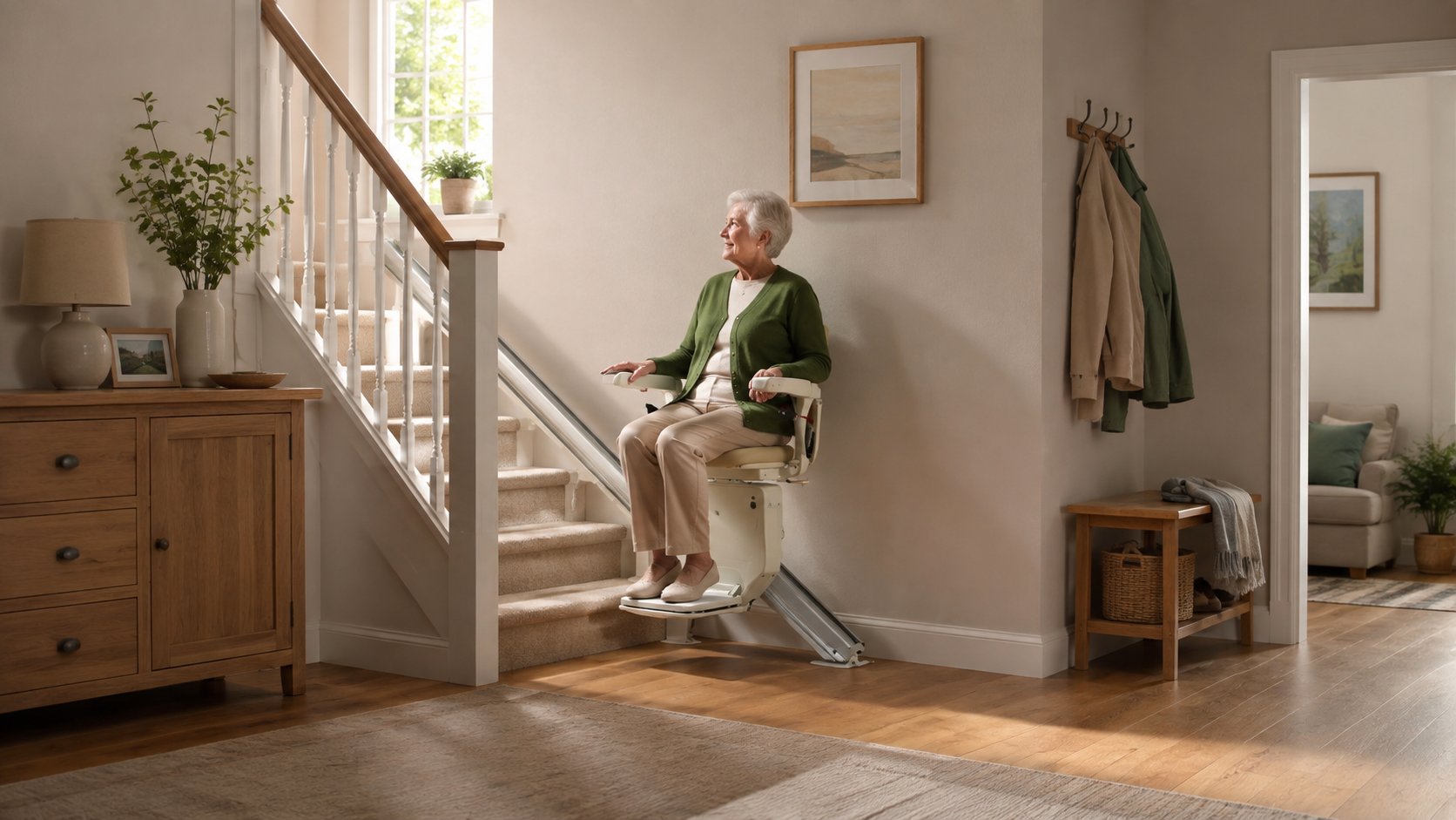 Personne agee installee confortablement sur un monte-escalier